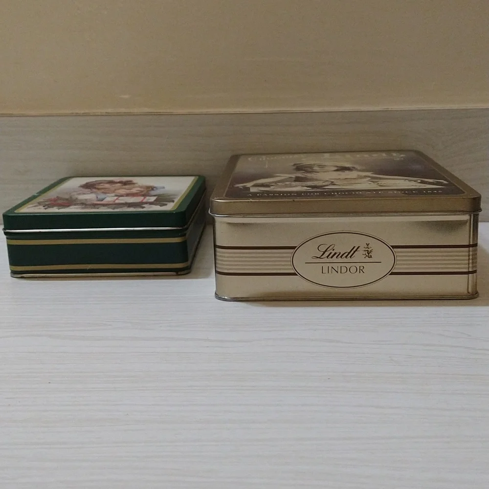 Vintage 2 RARE Chocolat Lindt & The Tinsmith's Craft Tin Storage Cans
